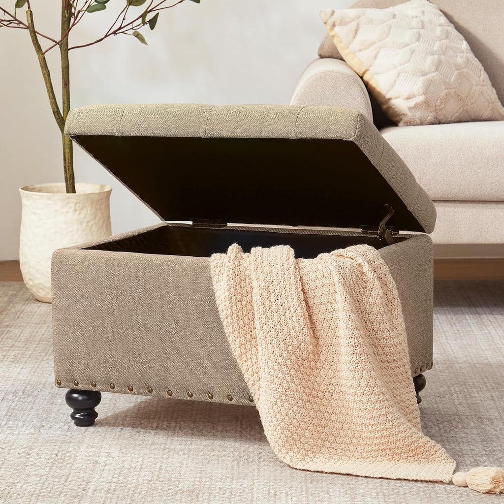 Small Ottoman with Storage, Upholstered Button Tufted Ottoman Foot Rest, Foot Stools, 24" Rectangle Bench with