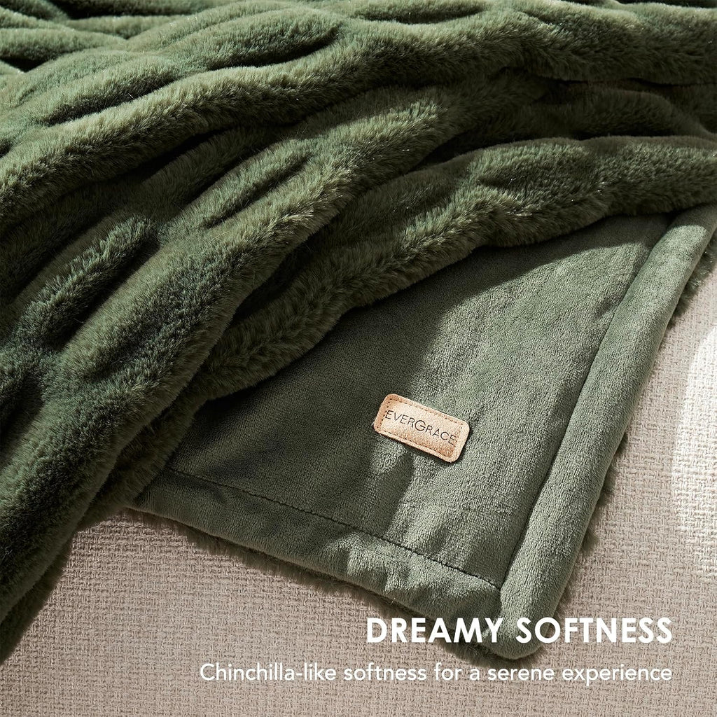 Ruched Bubble Faux Rabbit Fur Throw Blanket, 60"x80", Loden Green | Luxurious Soft Plush Reversible Blanket with