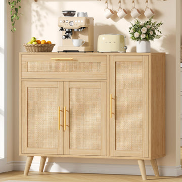 Kitchen Buffet Cabinet with 3 Doors, Rattan Storage Cabinet