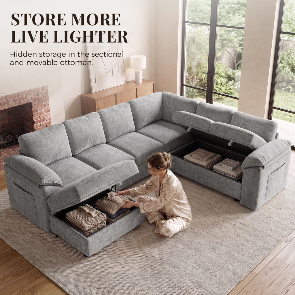 Sectional Sleeper Sofa with Pull Out Bed, Sectional Couch, Light Grey