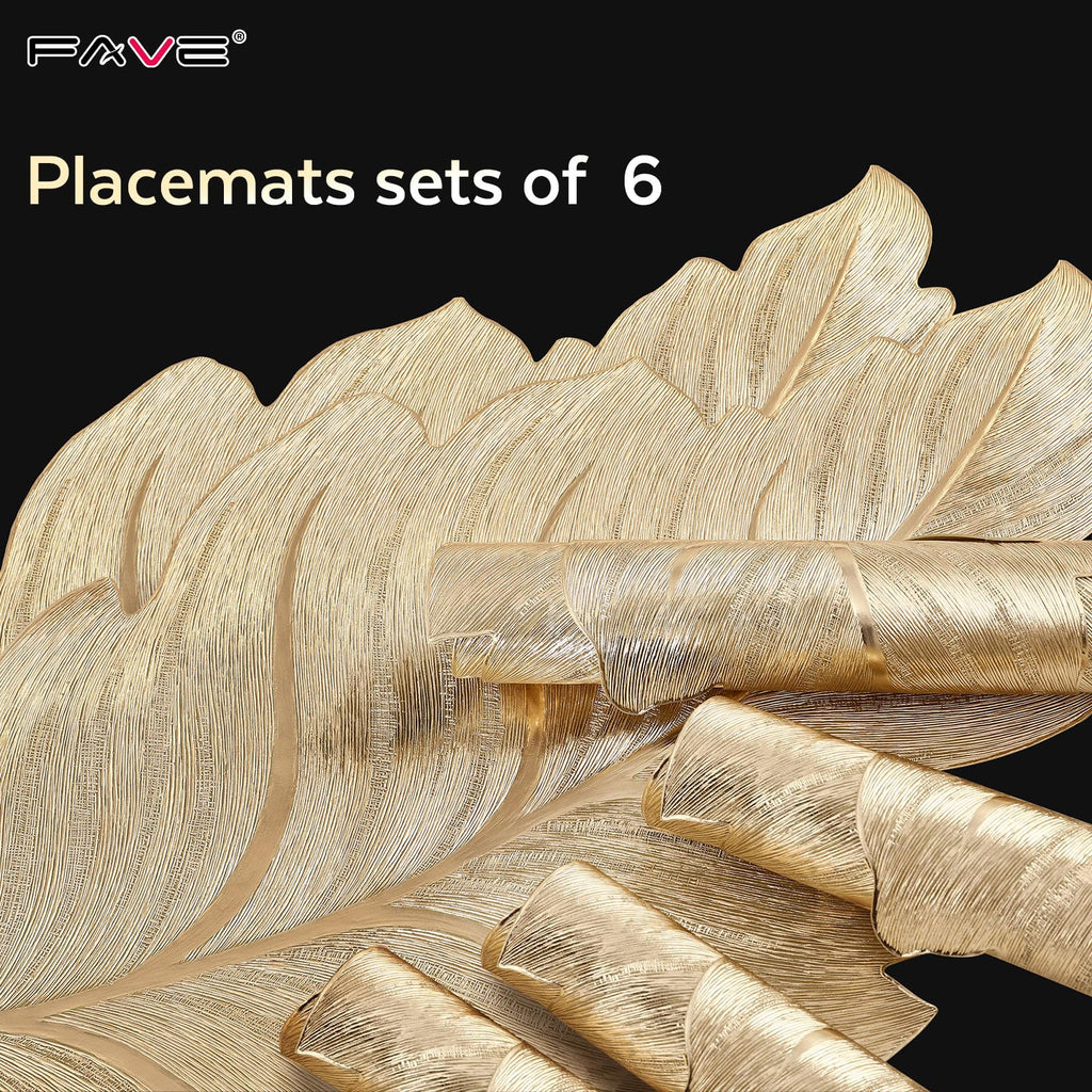 Gold Vinyl Placemats Set of 6, Washable Leaf Patterned Table Mats