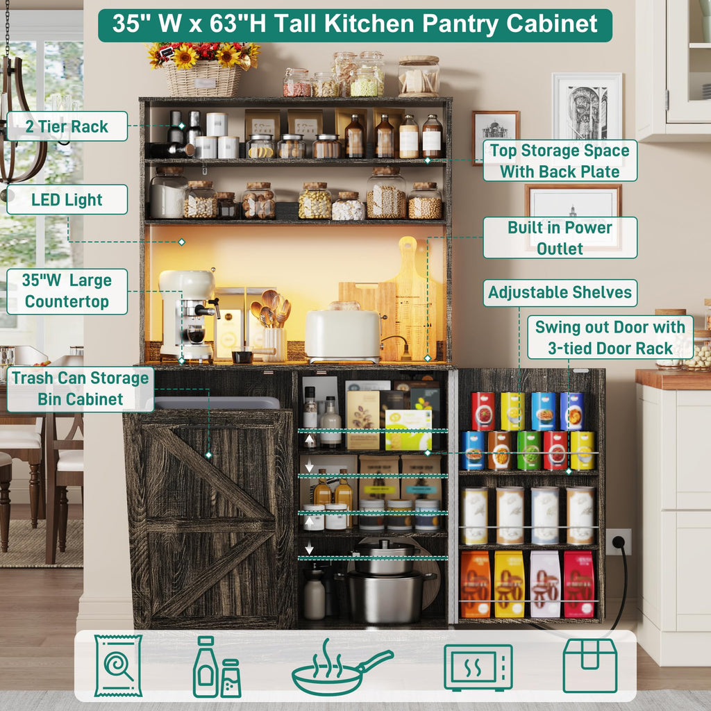 63" H Pantry Cabinets with 10 Gallon Trash Can, Led Light, Outlet, 35" W Kitchen Hutch with Tilt Out Trash Can