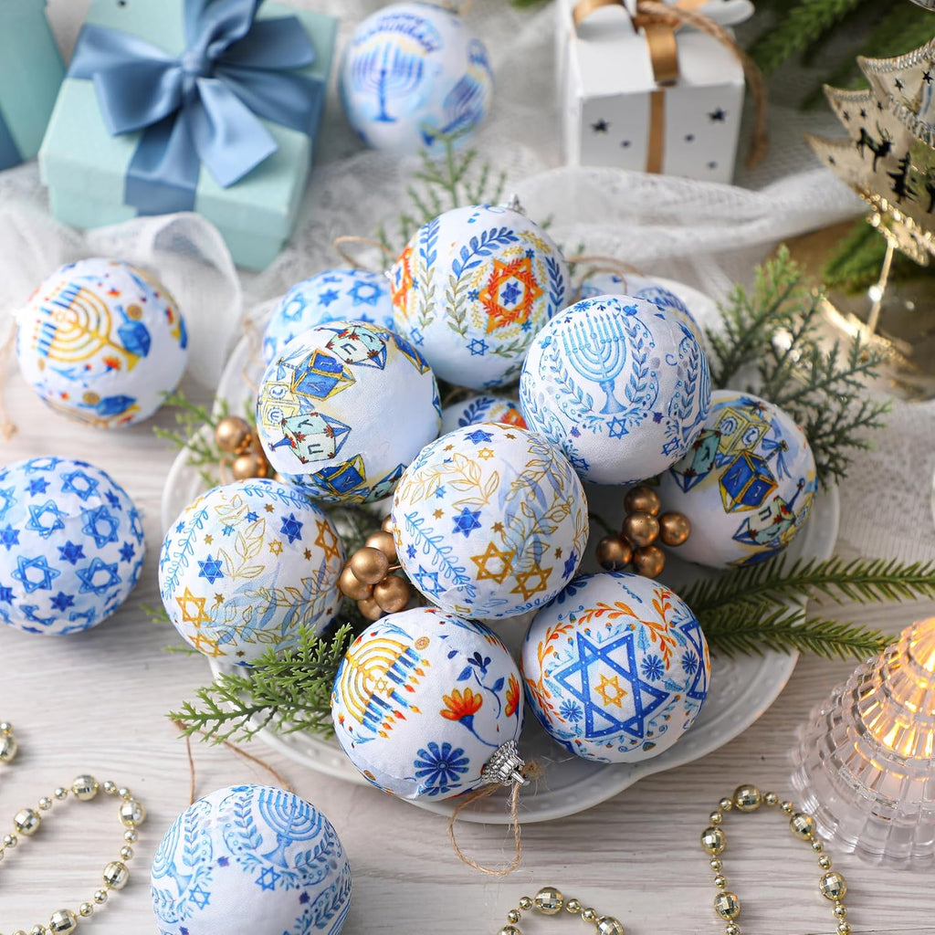 Hanukkah Ball Ornaments Hanukkah Hanging Ornament for Tree Blue and White Jewish Christmas Decorations - Set of 16