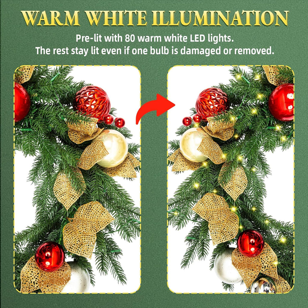 9 FT Pre-Lit Christmas Garland with 80 Warm White LED Lights and Timer, Battery Operated Artificial PE & PVC Garland