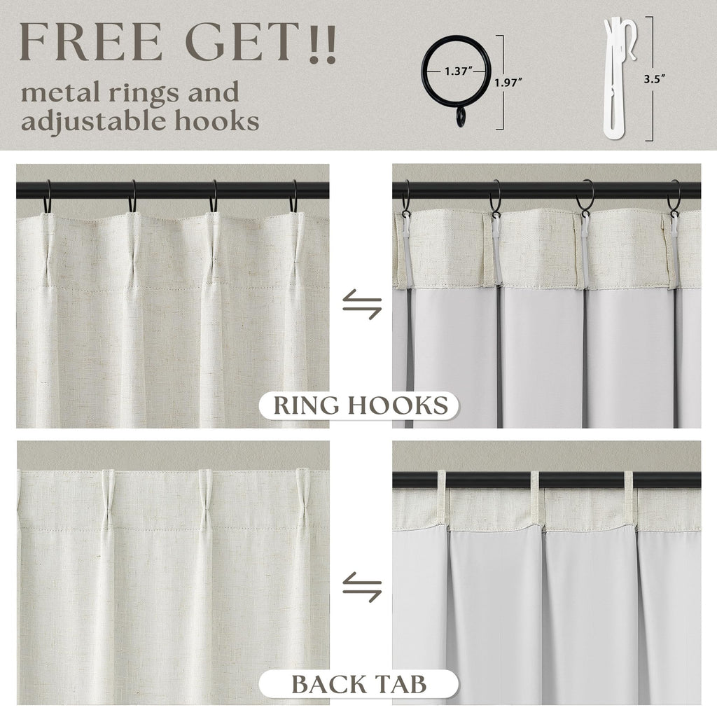 Birch Pinch Pleated Linen Blackout Curtains 86 Inch Length 2 Panels Thermal Insulated Full Blackout Dual Layer Drapes