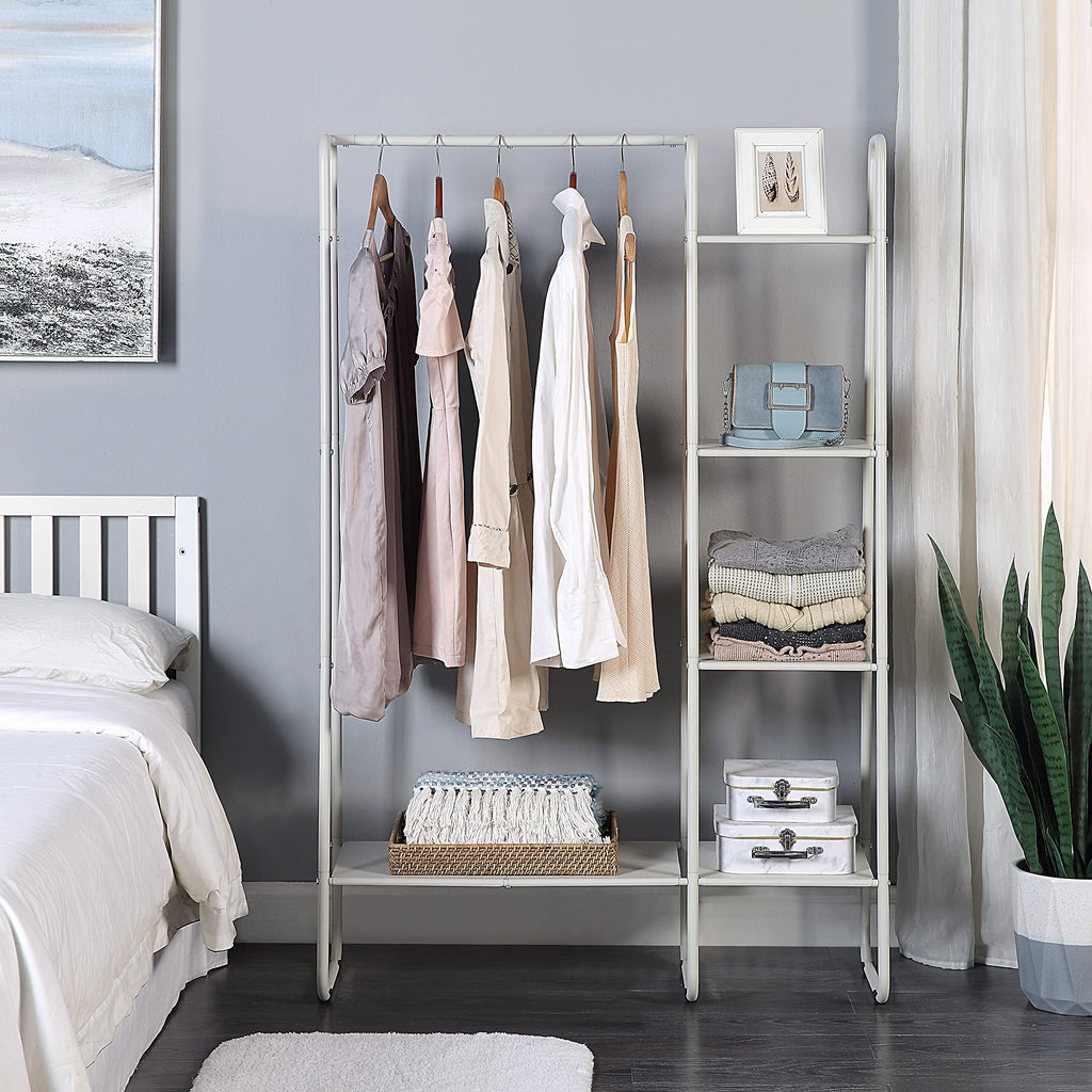 Open Closet Garment Rack with 4-Tier Shelves & Bottom Storage Shelf, Freestanding Open Wardrobe Clothes Rack