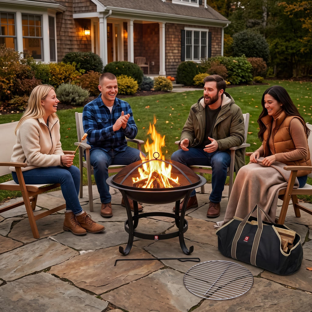 22" Fire Pit with 2-in-1 BBQ Grill, Spark Screen & Tote Bag