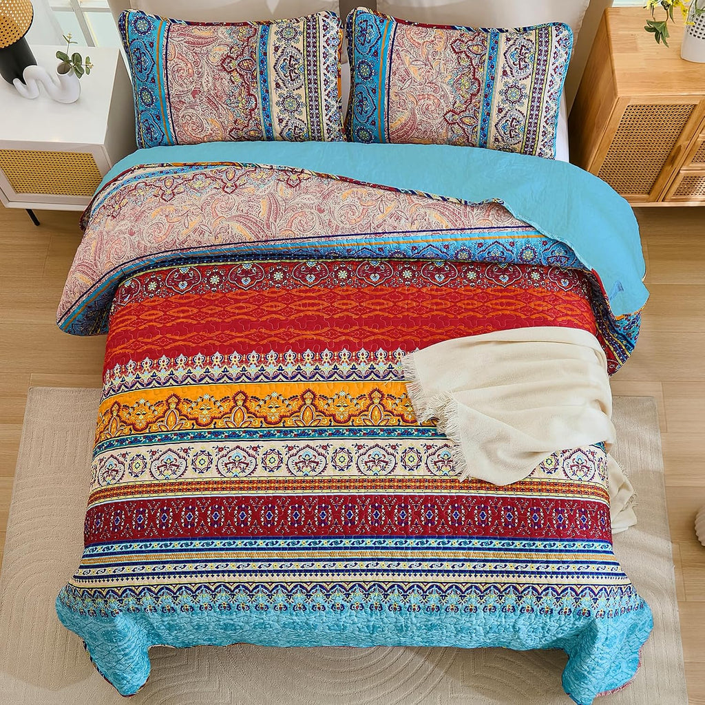 Bohemian Quilt Set Queen, Boho Striped Pattern Quilts Bedspread Set for All Season, Soft Microfiber Bedding Coverlet