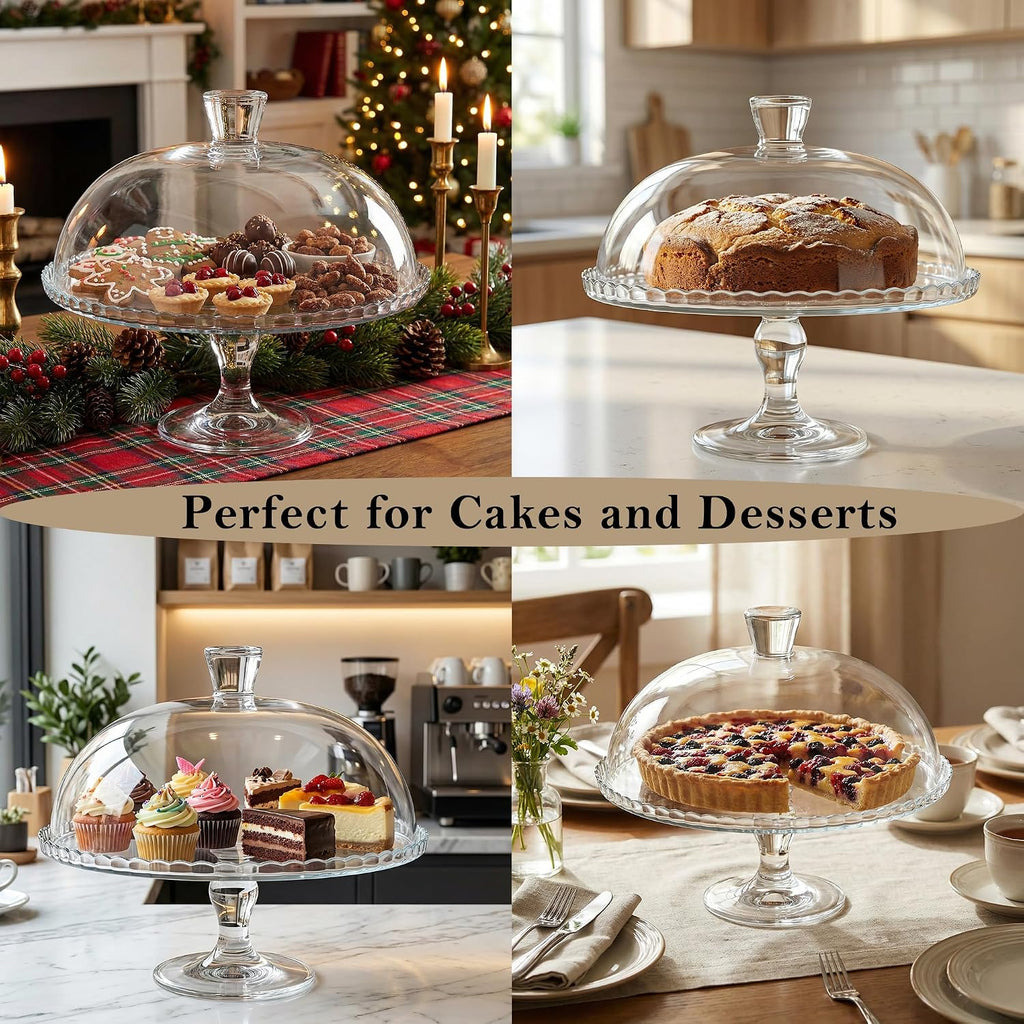 Glass Cake Stand with Dome, Clear Glass Cake Plate, Multifunctional Serving Stand, Elegant Dessert Display for Cakes