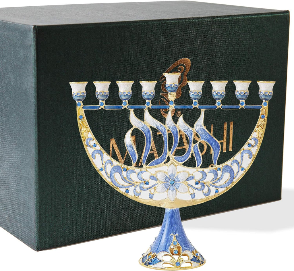 Hand Painted Enamel Candelabra with Flower and Hanukkah