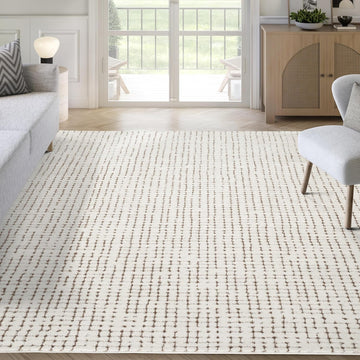 Cream & Brown Area Rug - - Oliver Collection - Textured Checkered Pattern - Non-Shedding, Easy to Clean