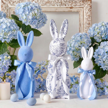 Easter Bunny Decorations Chinoiserie Floral Easter Centerpieces 15.5/13/10 Inch Blue and White Flocked Rabbit - Set of 3
