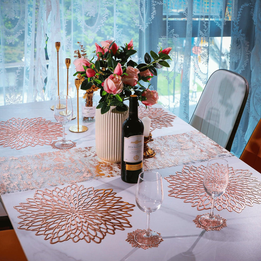 6 Pack Rose Gold Placemats Metallic Pressed Vinyl for Mother's Day Table Decoration Dinning Mats Round Floral Charger