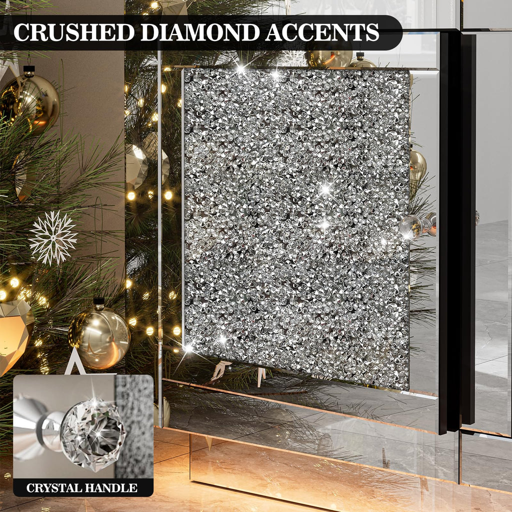 Mirrored Fireplace TV Stand for 65+ inch TV, Mirrored TV Stand with Crushed Diamond & LED Light, Silver Media