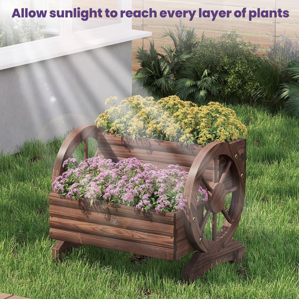 Wooden Wagon Planter Flower Cart Farm Stand Garden Decor Planter for Outdoor Patio Balcony Decoration, Rustic