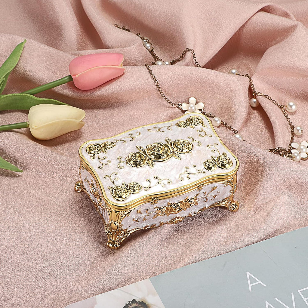 Metal Jewelry Box with Rose Pattern - Vintage Gold Trinket Organizer