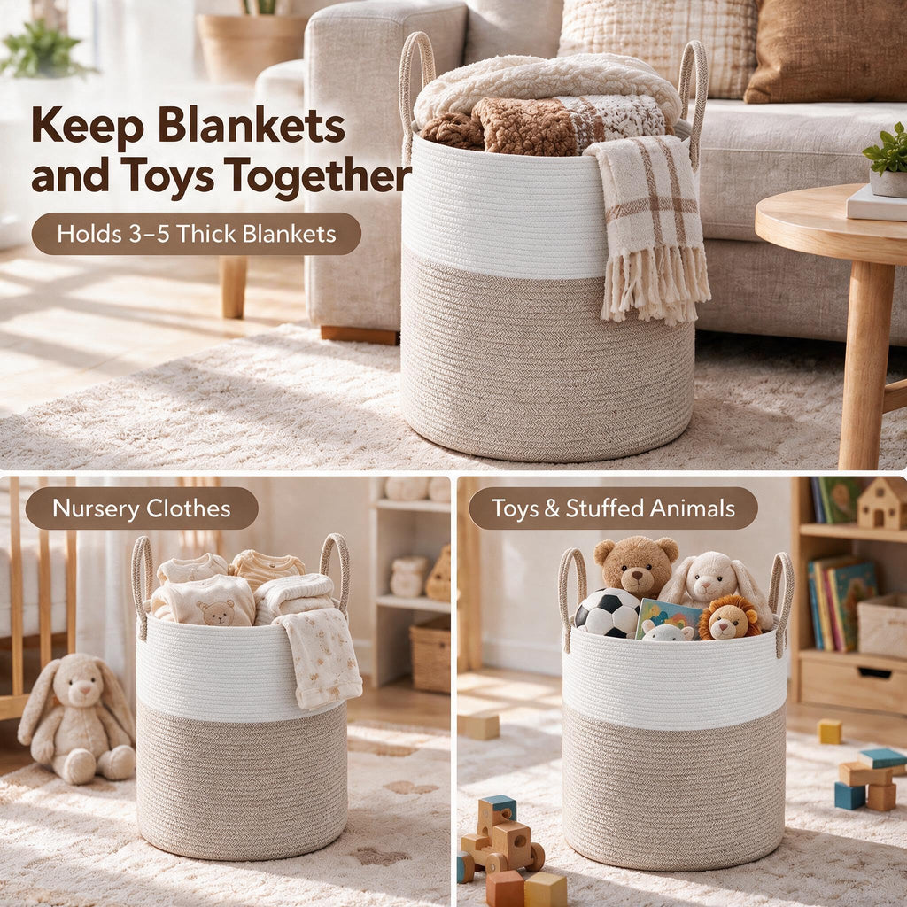 60L Cotton Rope Laundry Basket Hamper, Brown