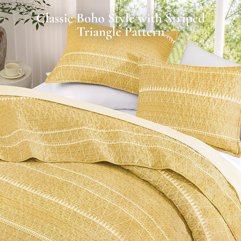 Yellow Oversized Super King Quilt Set, 3 Pieces Striped Bedspread