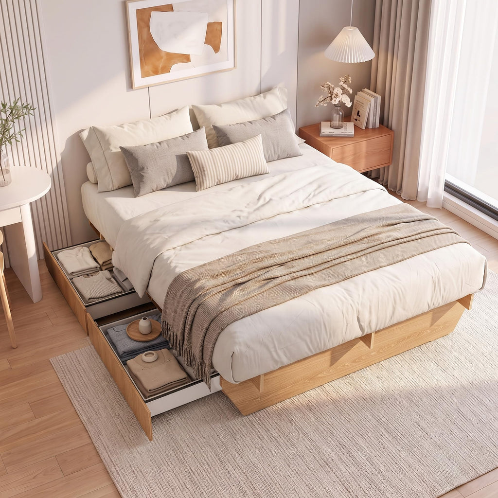Queen Japanese Bed Frame with Storage, Wood Platform Bed Frame