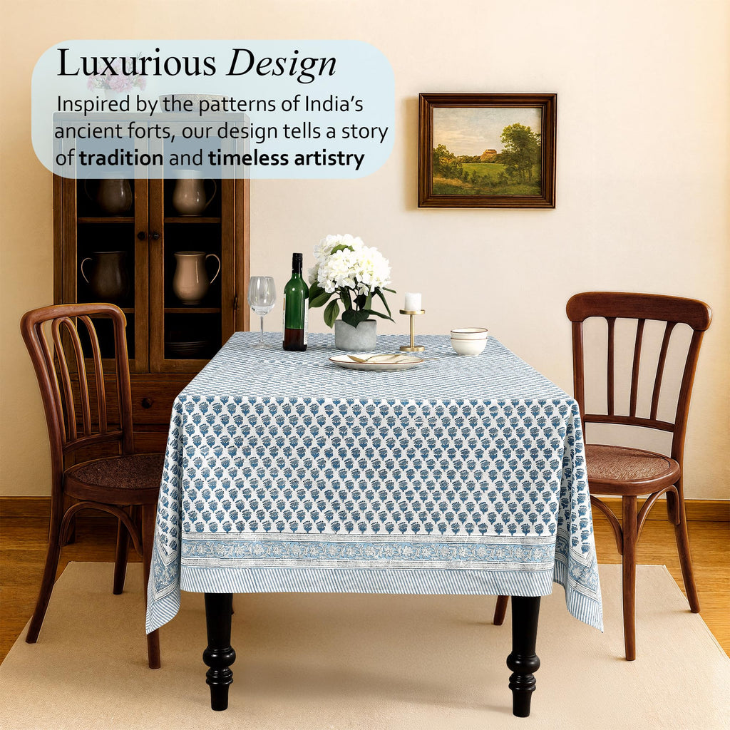 CPC Apatite Blue Block Print 100% Cotton Rectangle Tablecloth 60x90 Inch
