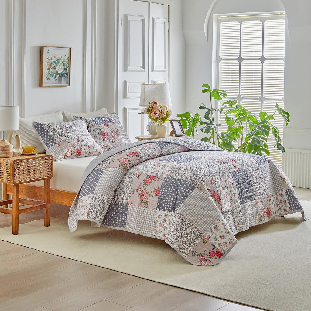 Floral Cotton Quilt Set, Neutral Flowers Grid Patchwork Design, 2 Pieces Quilt Bedding Set, Farmhouse