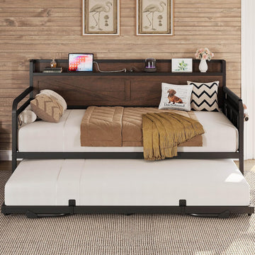 Twin Daybed with Pop Up Trundle & Charging Station & Storage Shelf | Pop Up Trundle with Smooth Wheels, Strong