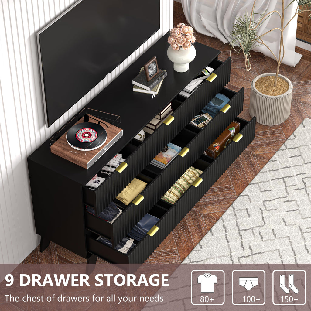 Black Dresser 9 Drawer Dresser, 57''Wide Fluted Wooden Dresser Storage Cabinet and Chest of Drawers with Metal