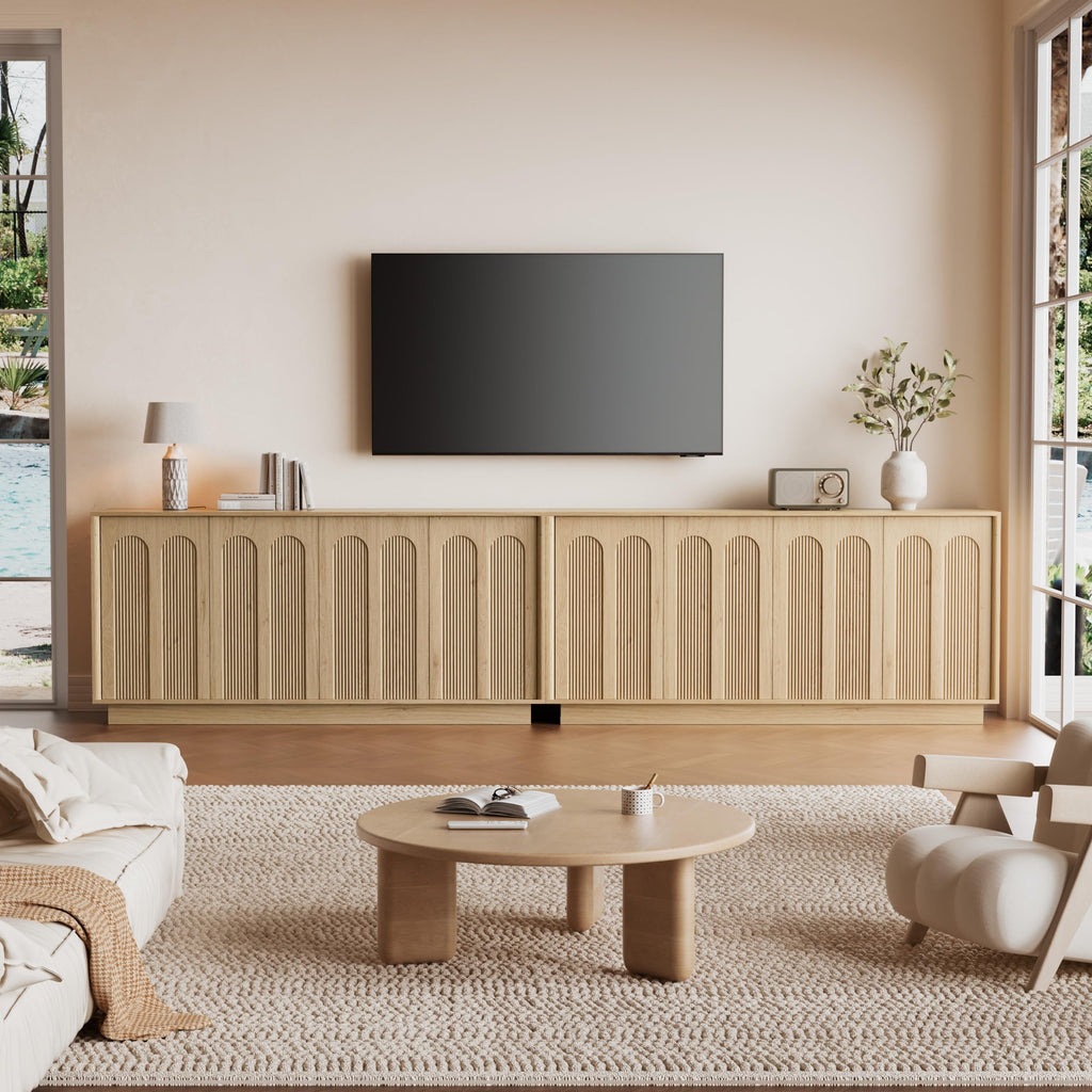 67" Sideboard Buffet Cabinet, Arched Fluted Push-to-Open Doors, Oak