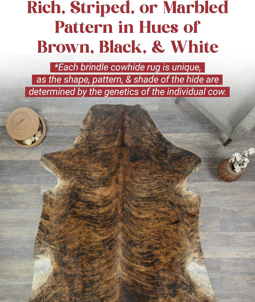 Exotic Brindle Cowhide Rug 6x7 ft, Real Hair on Hide Area Rug | Exotic black, brown and white brindle mix. Genuine