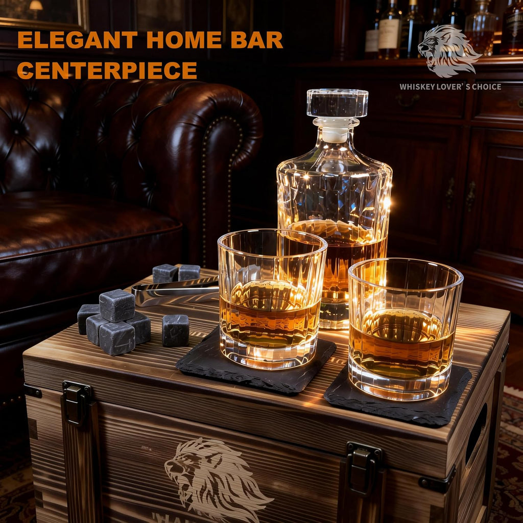 17-Piece Whiskey Decanter Set, 17oz Lead-Free Crystal with Flat Panel for Labels, 2 Glasses, 9 Granite Stones - Set of 16