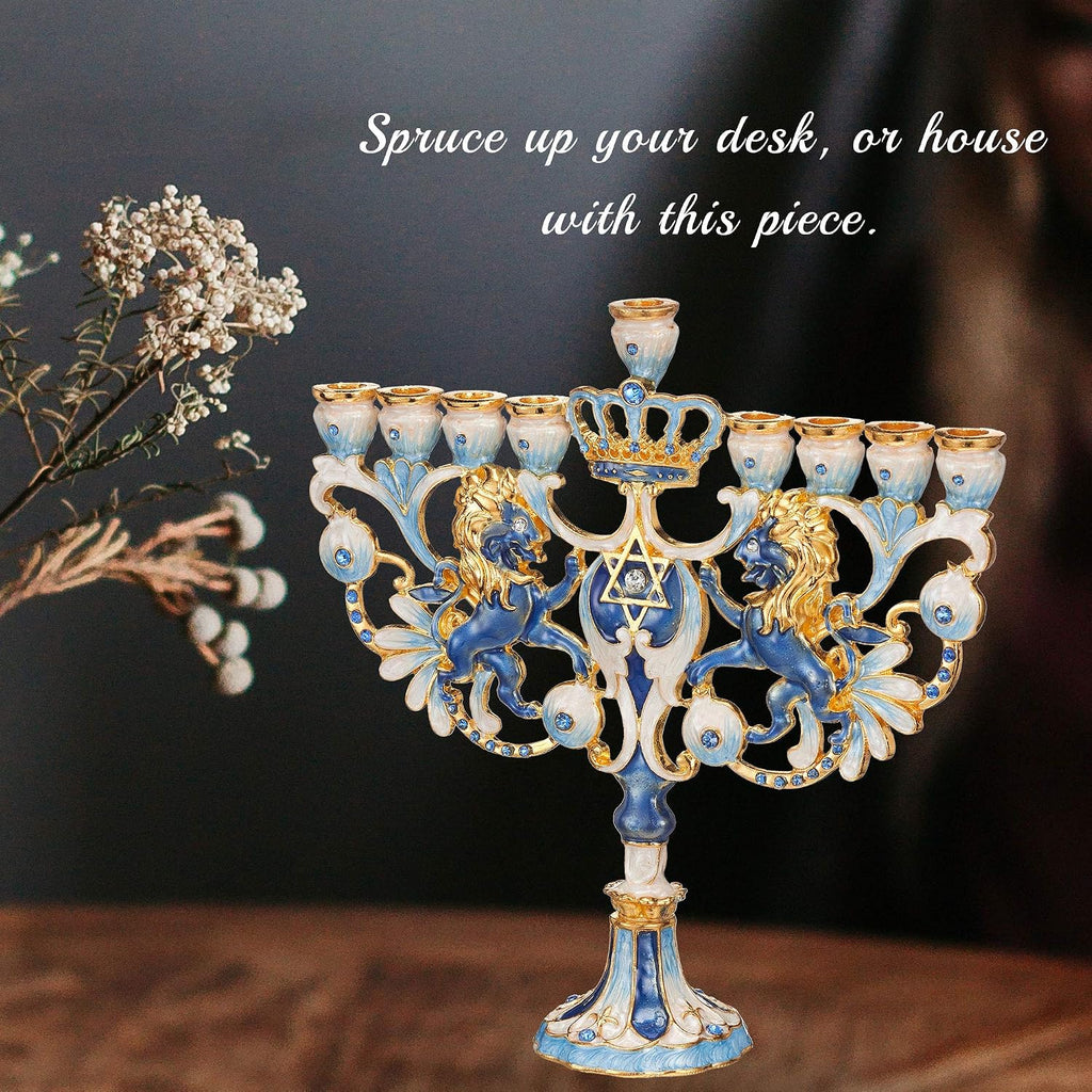 Hand Painted Blue and Ivory Regal Lion Candelabra
