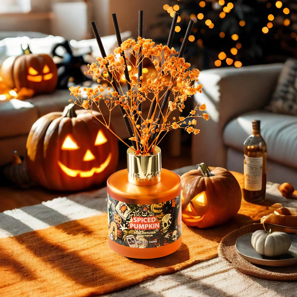 Halloween Reed Diffuser Set, 3.38 fl oz (100 ml) - Spiced Pumpkin Oil Diffusers with 8 Reed Sticks, Home Fragrance