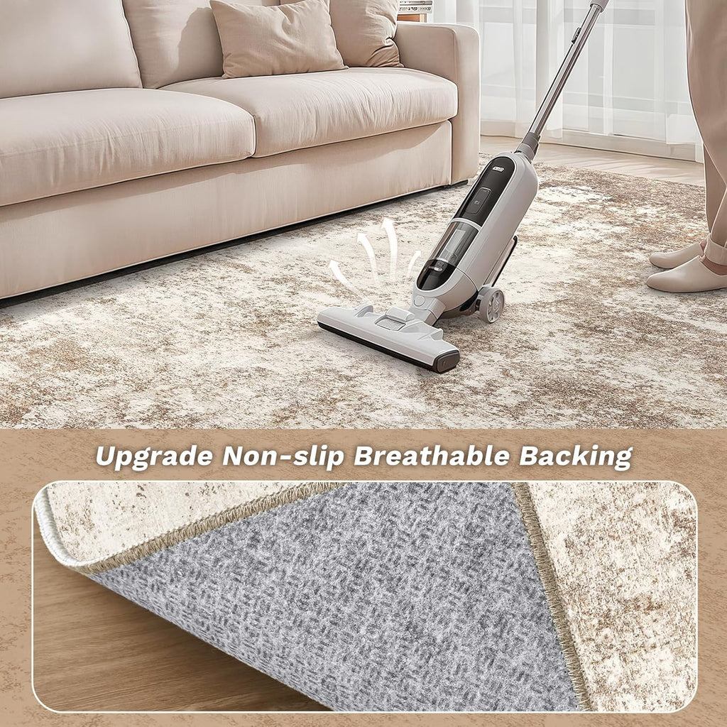 Area Rug Living Room - 9X12 Abstract Washable Large Soft Foldable Non Slip Rug Neutral Modern Low Pile Carpet