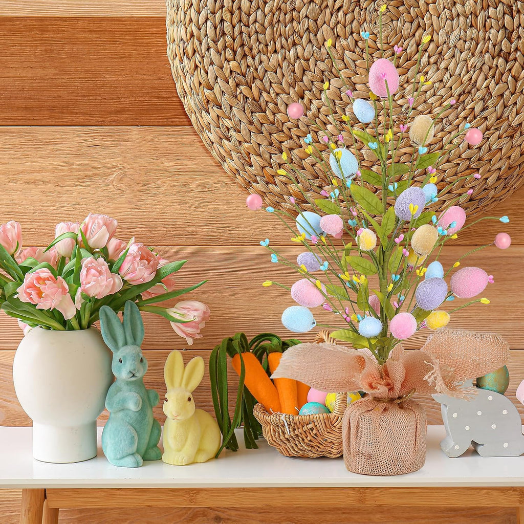 17'' Easter Egg Table Tree Easter Decorations with Artificial Eggs Greenery Leaves Berries Artificial Tree Decor