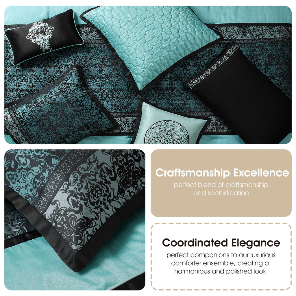 Black & Teal Comforter Set California King Size, Classic Jacquard Bedding Sets, Faux Silk, Premium Microfiber, 12