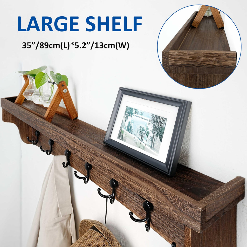 Rustic Coat Rack Wall Mount with Shelf, 35" Long Wall Shelf with Hooks Underneath, 7 Triple Hooks for Hanging