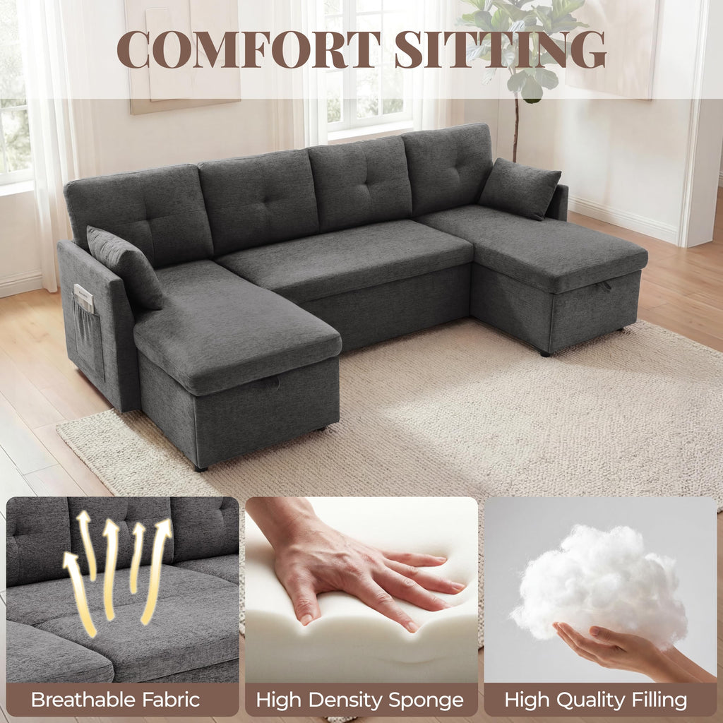 100" Sleeper Sofa Couch, Sectional Sofa Bed, Dark Grey