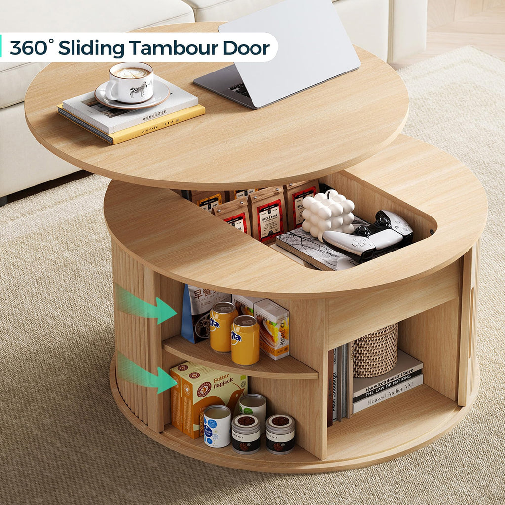 Lift Top Coffee Table, Round Fluted Coffee Table with Storage, Boho Wooden Coffee Tables with Sliding Tambour Door