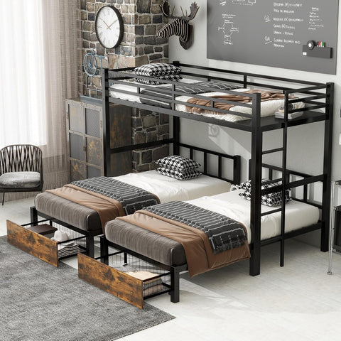 Triple Bunk Bed for Kids,Detachable TwinXL Over Twin Over Twin Metal Bunk Bed with Guardrails,Ladder &