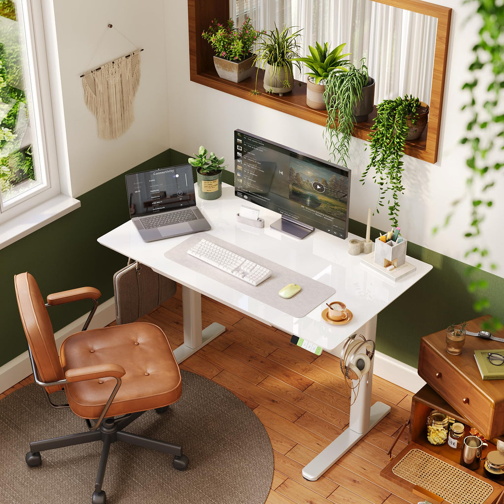 Glass Standing Desk with Drawers 48×24 Inch Super White