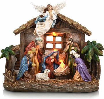 12.4" Christmas Nativity Set with LED Light, Red Gold
