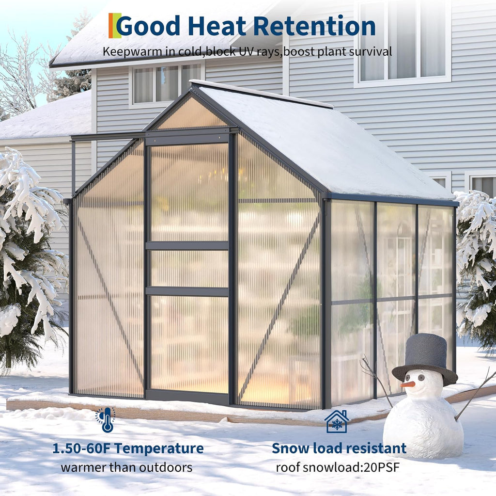 6 x 6 FT Walk-in Greenhouses for Outside, Polycarbonate Greenhouse with Sliding Door, Adjustable Roof Vent, Aluminum
