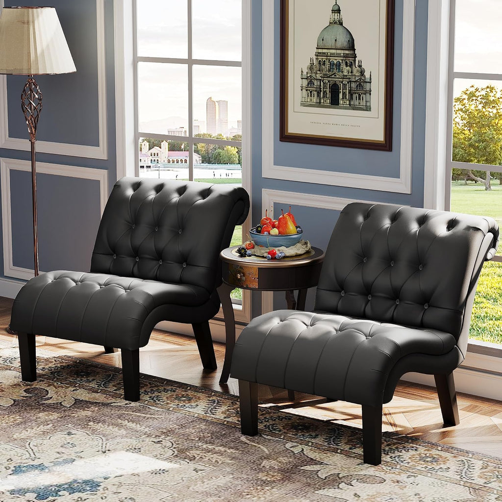 PU Leather Accent Chair Armless Living Room Chairs Black - Set of 2