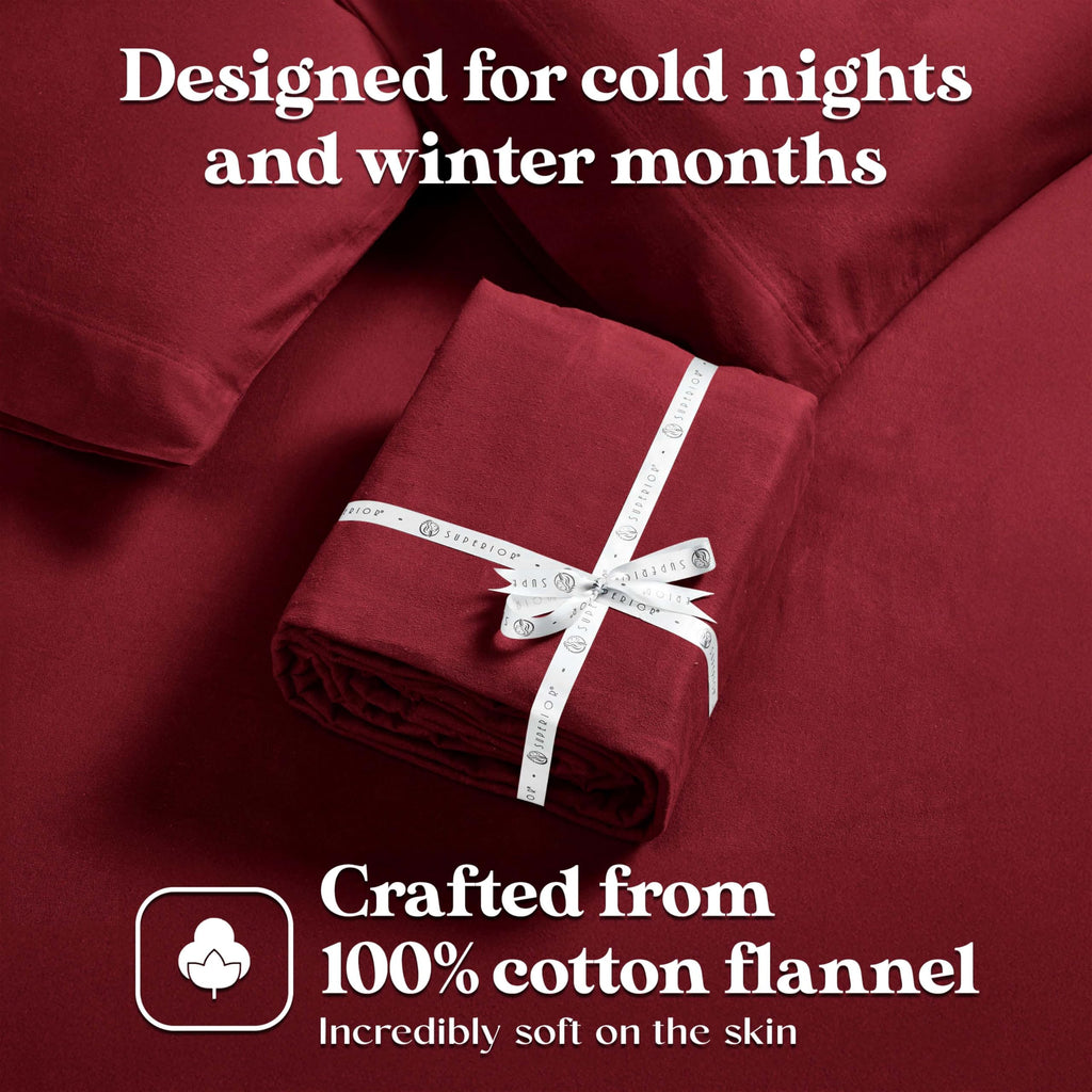 Extra Soft All Season 100% Brushed Cotton Flannel Solid Bedding Sheet Set with Deep Pockets Fitted Sheet - Burgundy