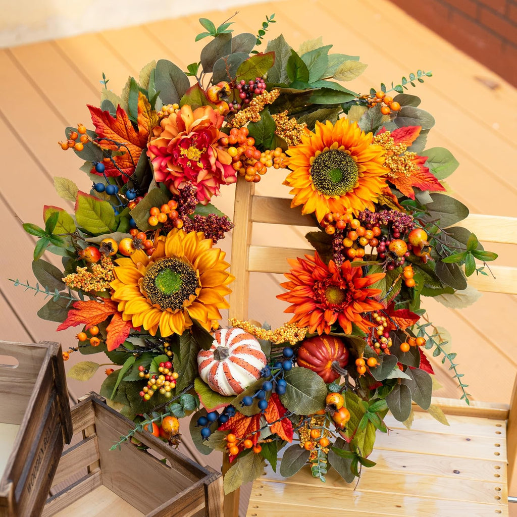 24 Inch Harvest Fall Wreaths for Front Door Outside with Sunflowers
