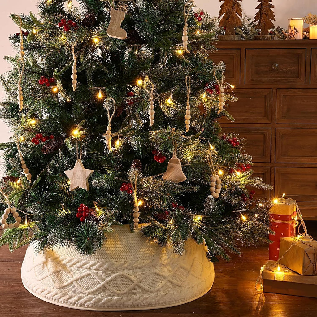 Knitted Christmas Tree Collar: Cream Crossed Diamond Edge Chunky Cable Knit Christmas Tree Collars for Artificial