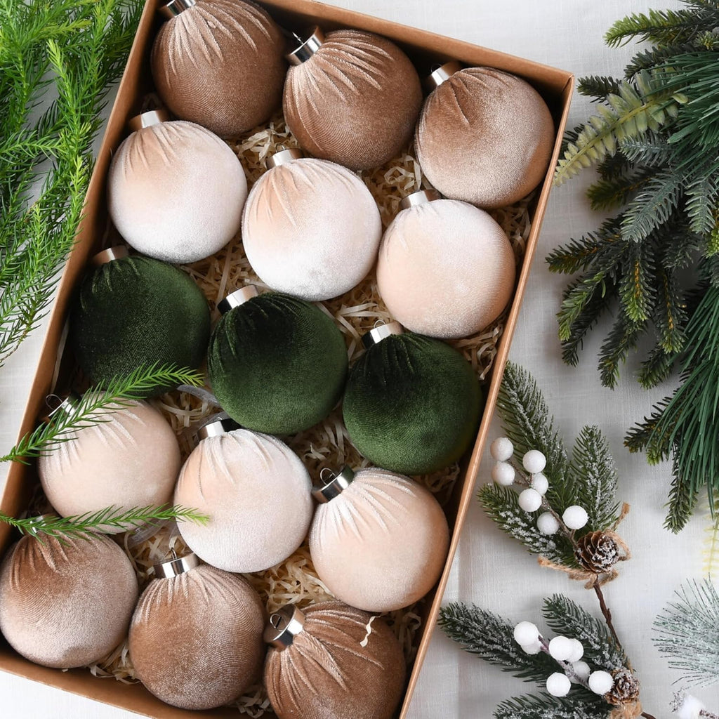 Christmas Tree Ornaments Velvet Balls - Pack of Shatterproof Xmas Bulbs Decorations Set - Multicolor Green - Set of 15