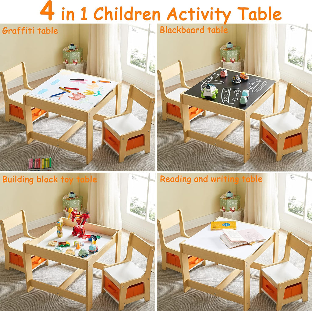 Kids Table and Chair Set, 3 in 1 Wooden Activity Table with Storage Drawer for Toddlers Drawing, Reading, Crafts, 2
