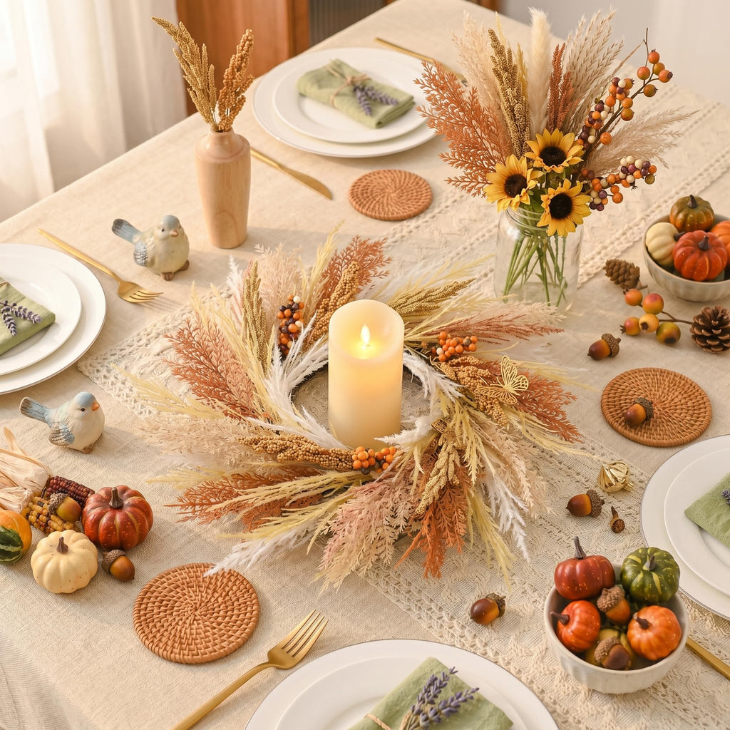 18'' Neutral Fall Pampas Wreath with Lights for Front Door