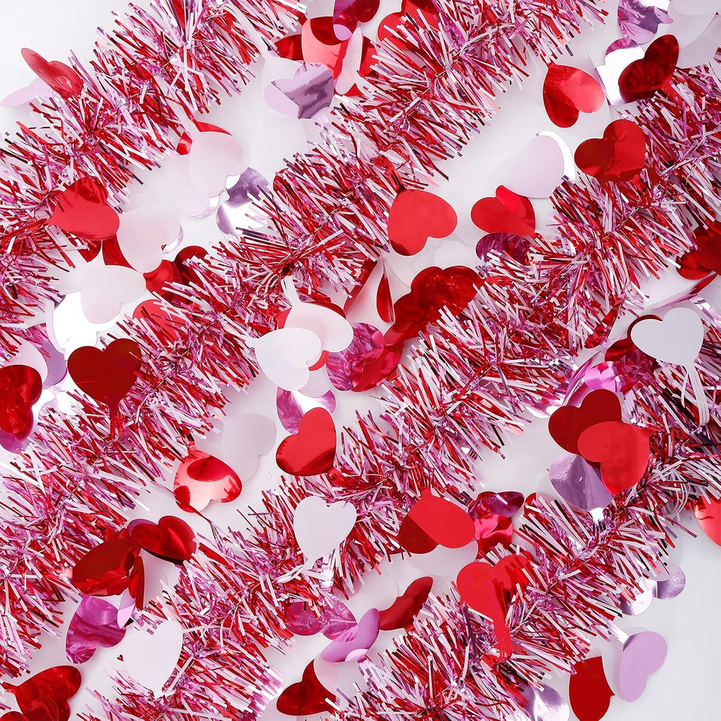 Valentines Garland Decor,50Ft Glitter Tinsel Heart Garland Decorations for Tree Mantle Bedroom Office Classroom Party - Set of 50